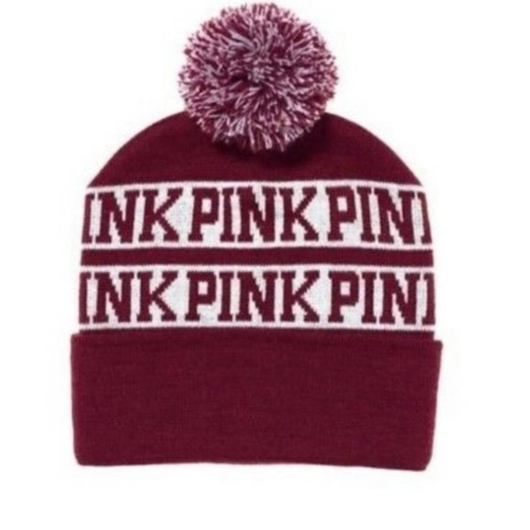 Victoria's Secret PINK | Maroon And Cream Pom Pom Beanie | Size Adult - Picture 2 of 8